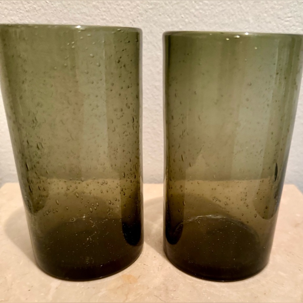2 ARTLAND Iris Sage, hand blown glass tumblers. 5.75”
